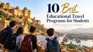 Students participating in educational travel programs explore a historic Indian fort and scenic heritage landscape while learning beyond the classroom through culture, history, geography, teamwork, and experiential travel.